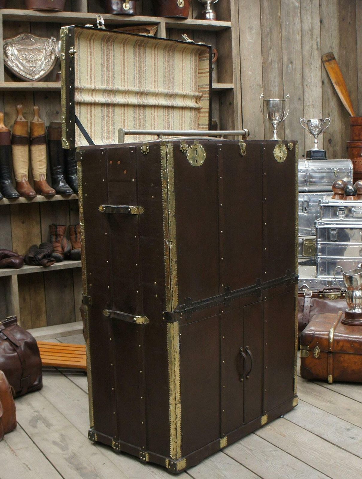 photo for sale 1920s Large Antique Garment Gown Trunk Brass Bound Reception Furniture