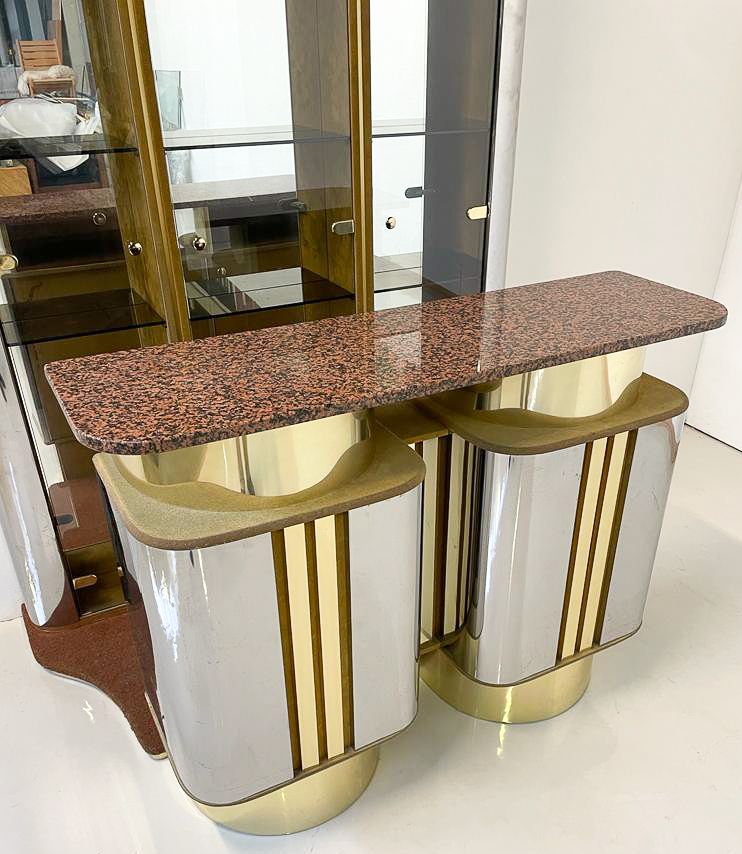Mid Century Modern Mirror Suede And Metal Bar With Red Marble Top, Italy, 1970s photo 5550.0