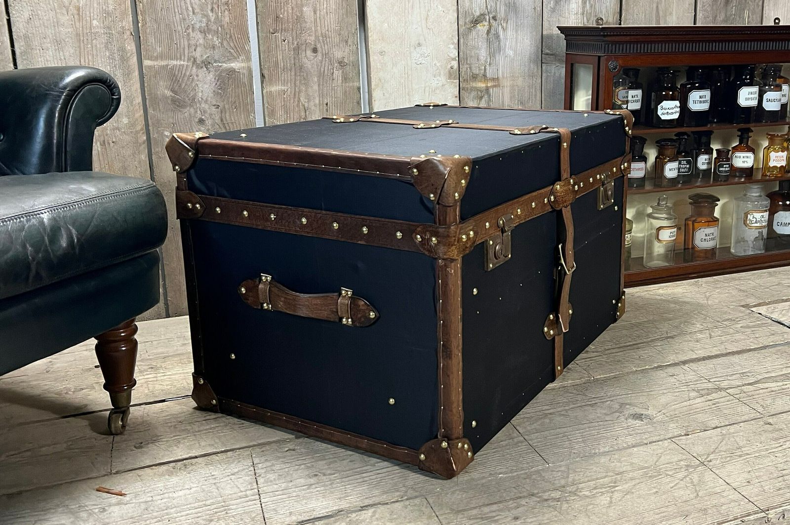 Black Millerain & Leather Trimmed English Handmade Coffee Table Trunk Storage Interior Design Luggage photo vinterior