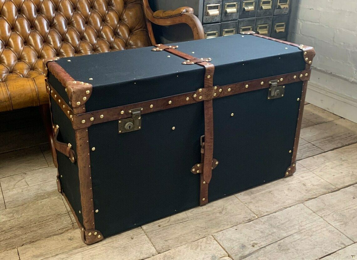 English Black Millerain Canvas & Tan Leather Coffee Table Trunk photo vintage