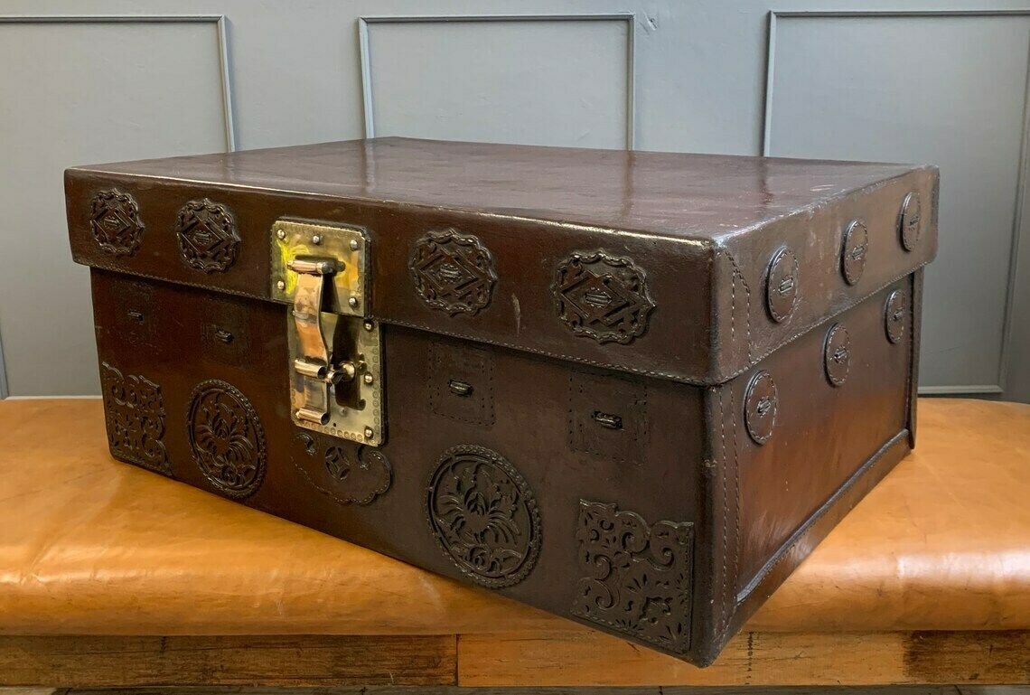 Antique Oriental Red Burgundy Thick Leather Travel Trunk Home Interiors