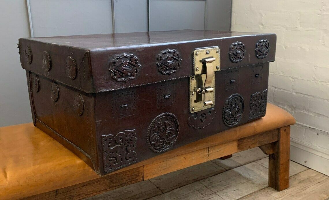 Antique Oriental Red Burgundy Thick Leather Travel Trunk Home Interiors photo furniture