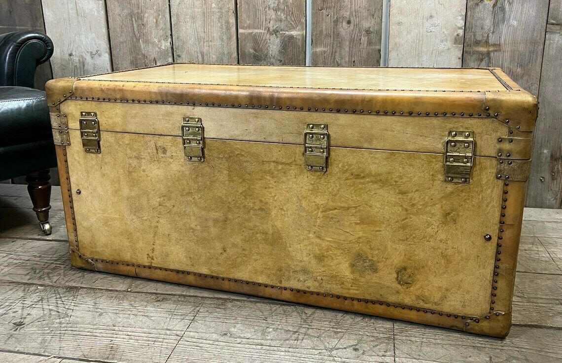 2519.0 Exceptionally Rare Full Vellum Antique Travel Trunk Coffee Table Home Decor Interiors photo