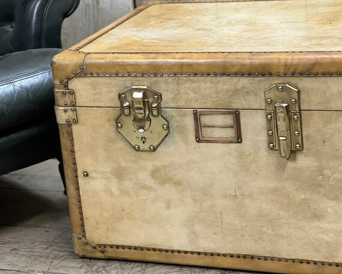 photo buy Exceptionally Rare Full Vellum Antique Travel Trunk Coffee Table Home Decor Interiors