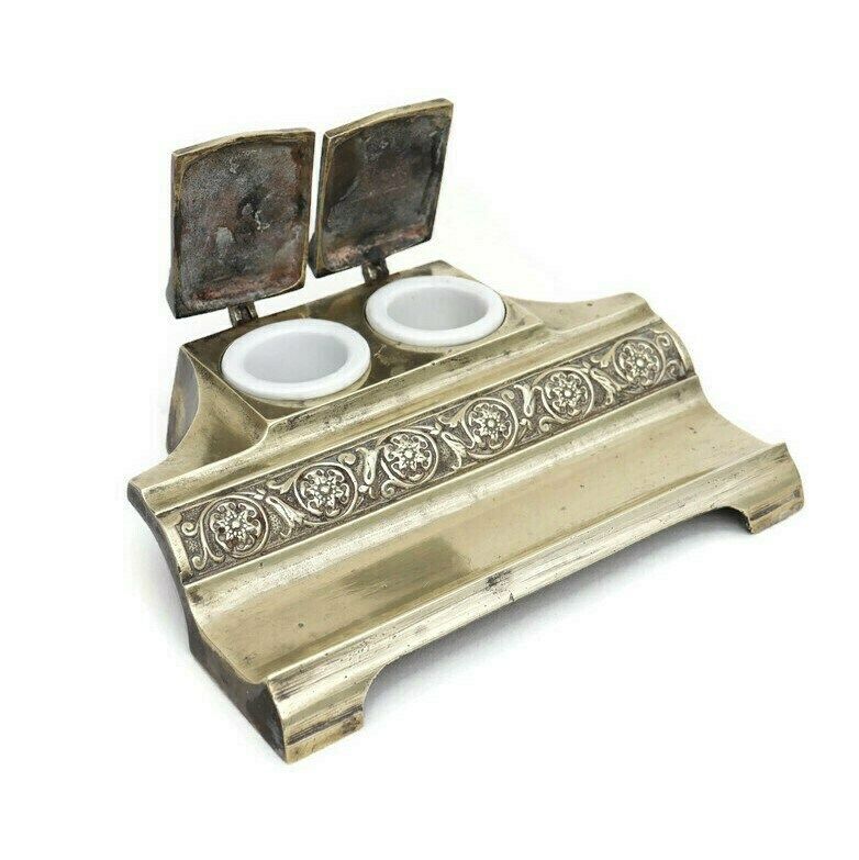 Antique Aesthetic Movement Brass Inkwell Double Ink Pot . photo Home Decor