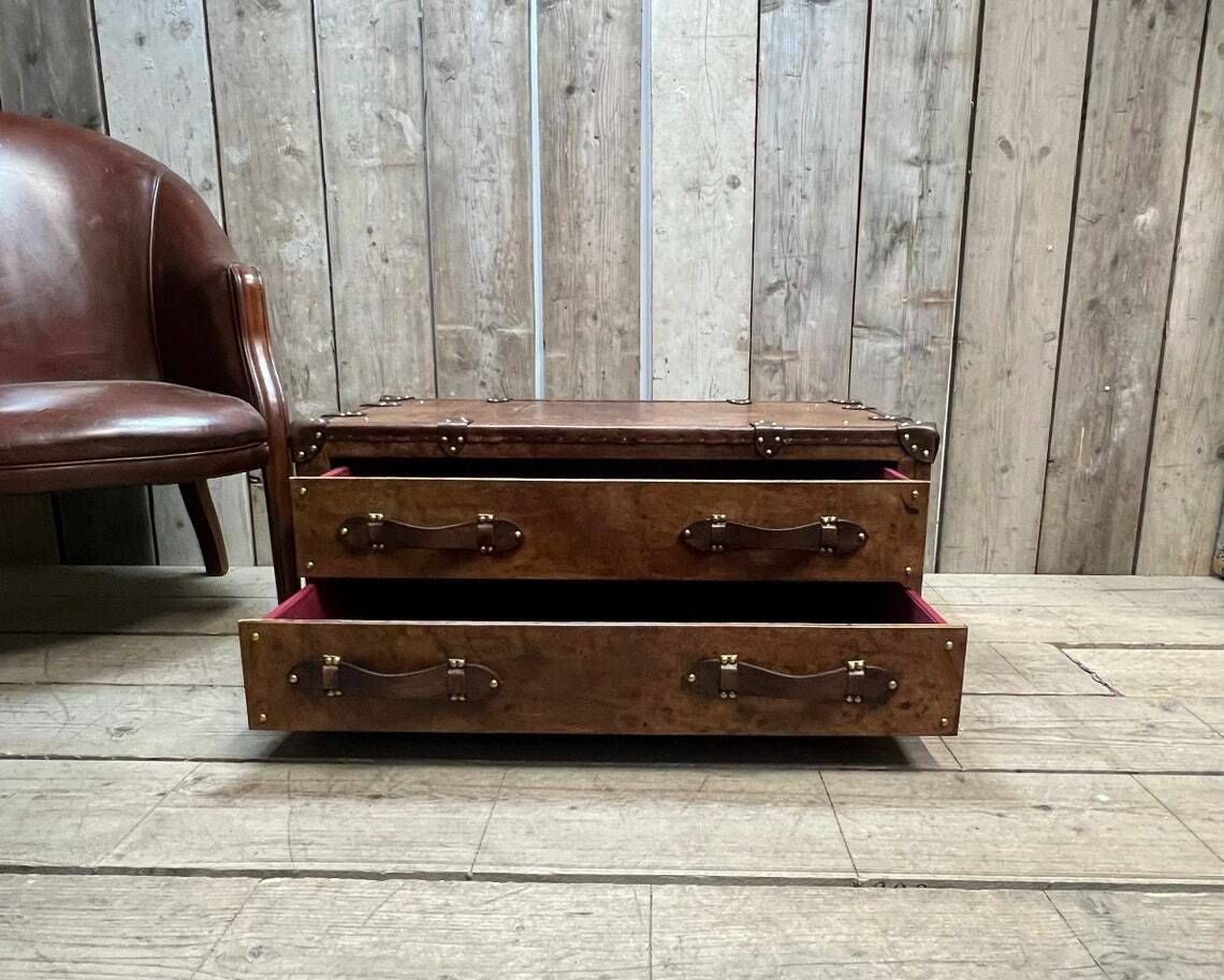 Leather Console 2 Draw English Handmade Coffee Table Room Decor Hand Dyed Bridle Leather Luxury Homes Inspired Travel