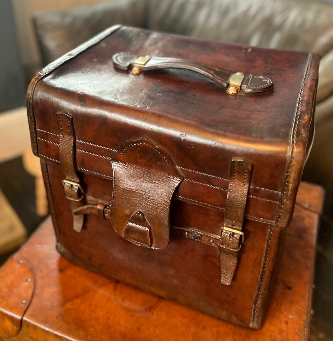 Victorian Hatbox Trunk By John Pound London Antique Travel Case Solid Leather photo vinterior