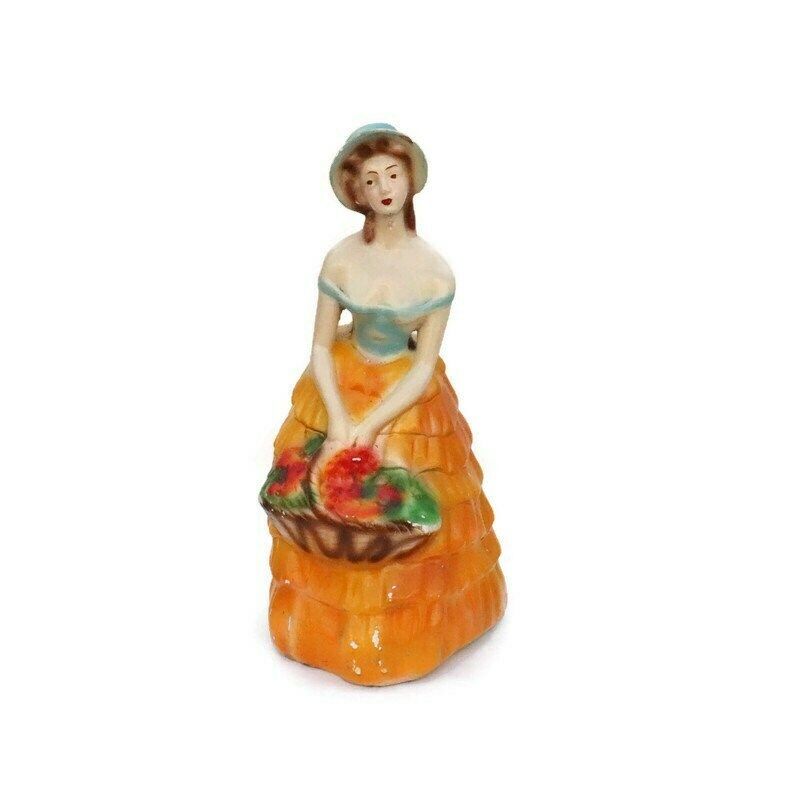 Large 1930's Crinoline Lady Plaster Figure With Basket Of Flowers