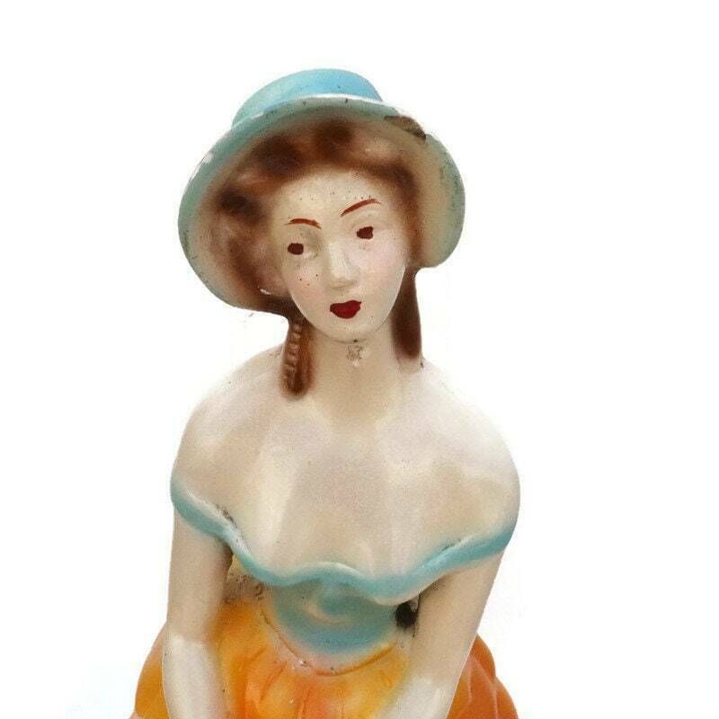 Large 1930's Crinoline Lady Plaster Figure With Basket Of Flowers photo vinterior