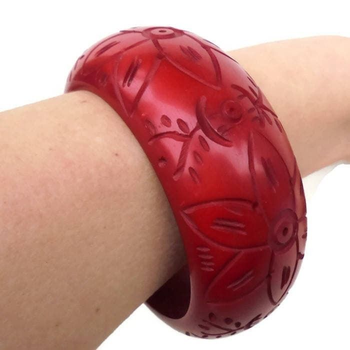 Red Bakelite Carved Bangle With Floral Design/Chunky Red Bakelite Carved Bangle/Pin Up Bangle/Early Plastics Bangle/Runaway Bangle photo furniture