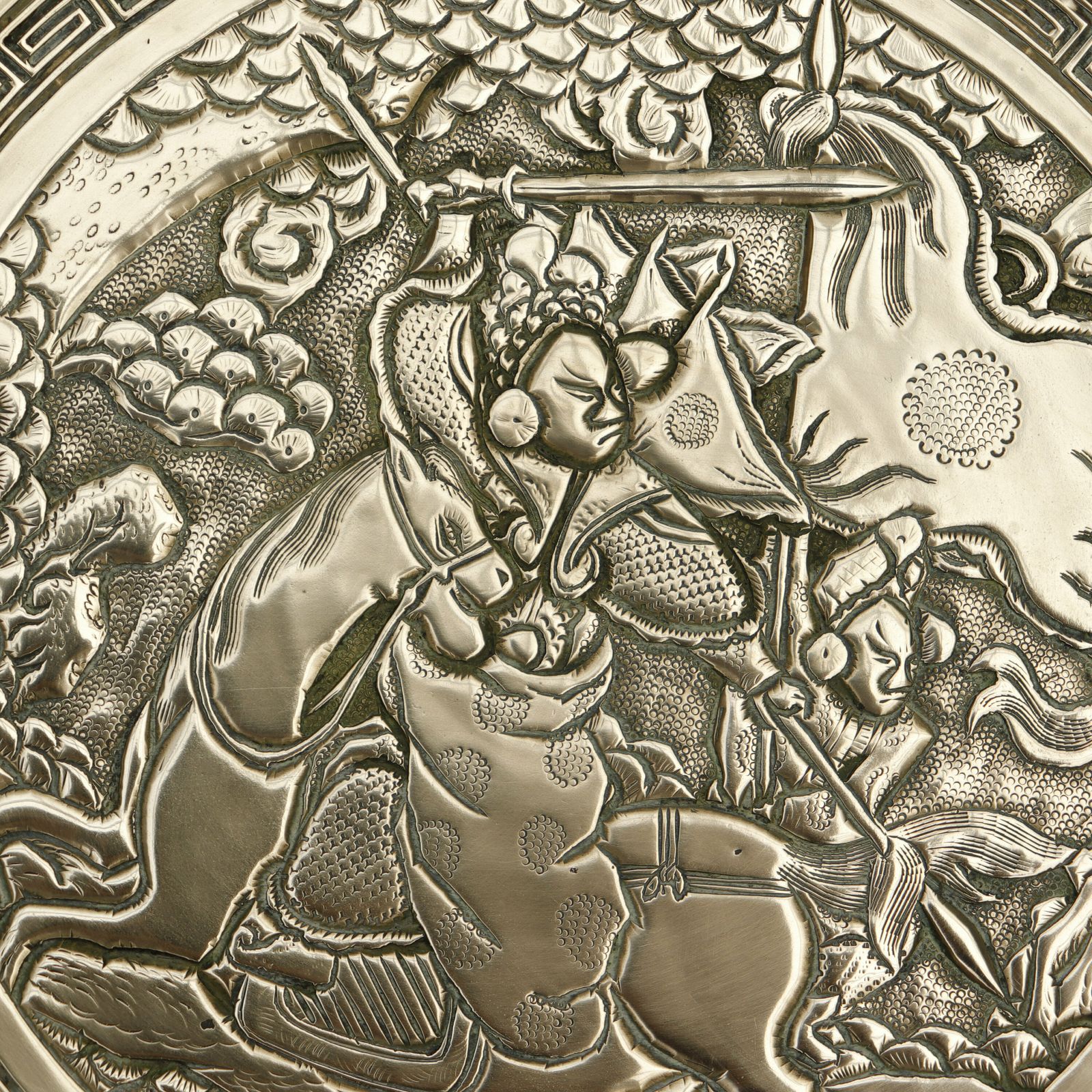 Antique Chinese Bronze Wall Plaque With Dragon Chasing Pearl And Warrior On Horse ,Signed. photo for sale