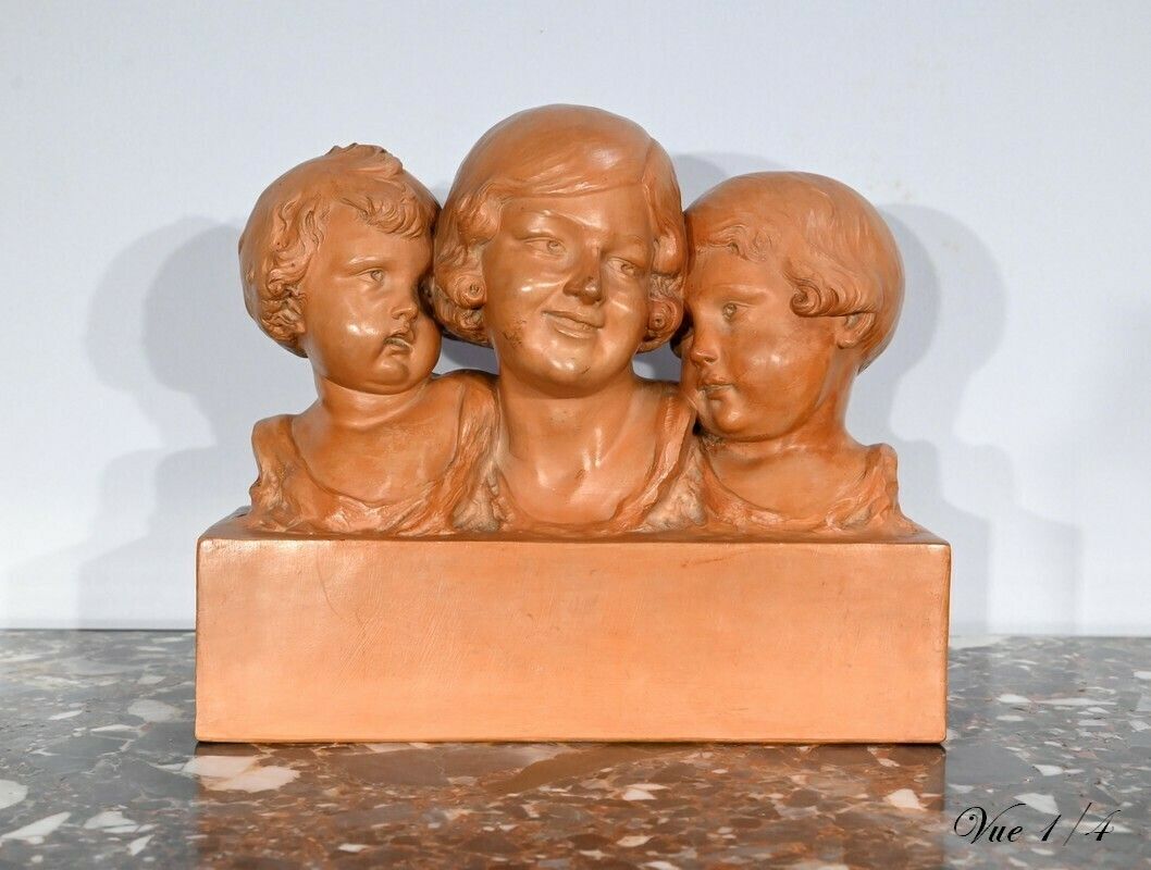 Group In Patinated Terracotta, “Mother And Her Children”, Signed P. Dumont, Art Deco – 1920 photo Home Decor