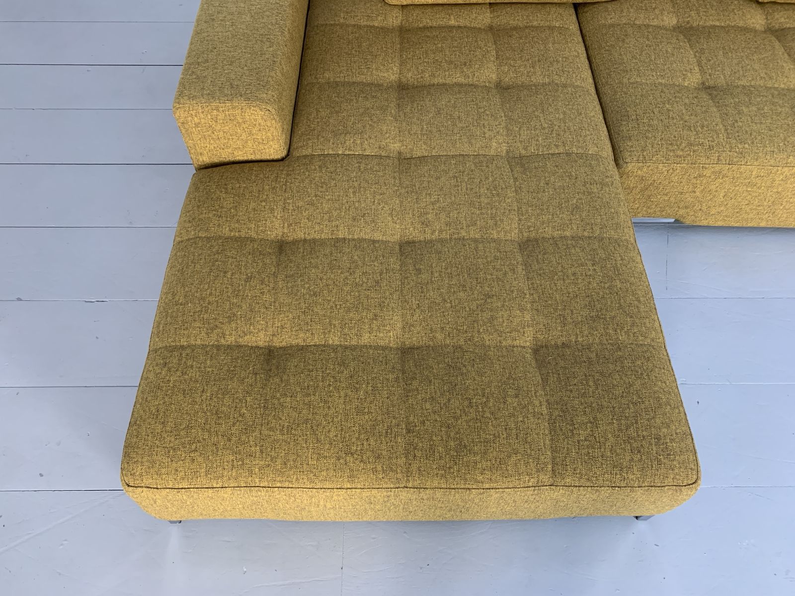 Zanotta “Alfa 1326” L  Shape Sofa & Ottoman – In Mustard Yellow Linen & Black Leather photo vintage