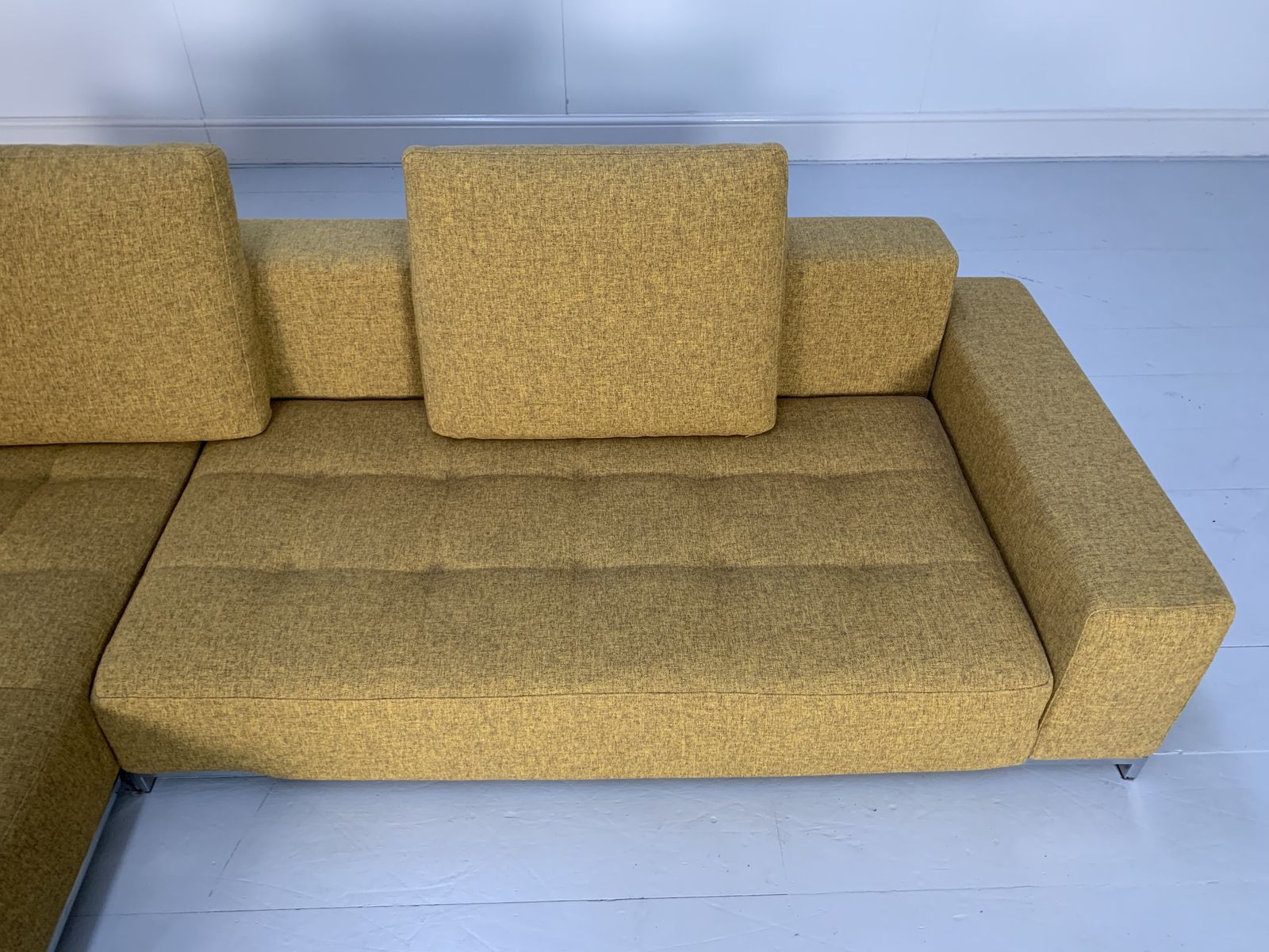 photo for sale Zanotta “Alfa 1326” L  Shape Sofa & Ottoman – In Mustard Yellow Linen & Black Leather