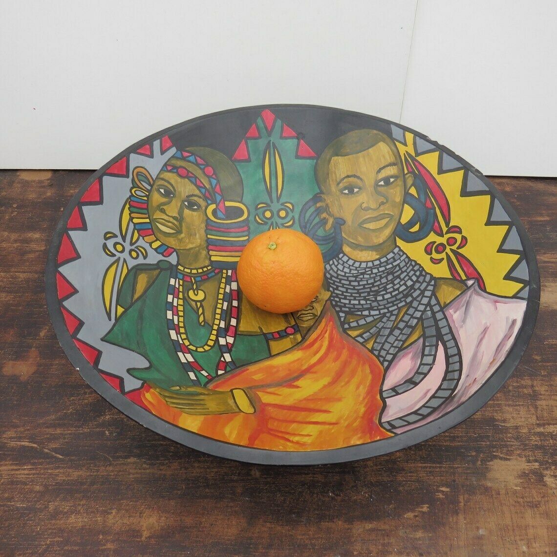 Large African Soapstone Bowl Centrepiece With Hand Painted Tribal African Family photo for sale