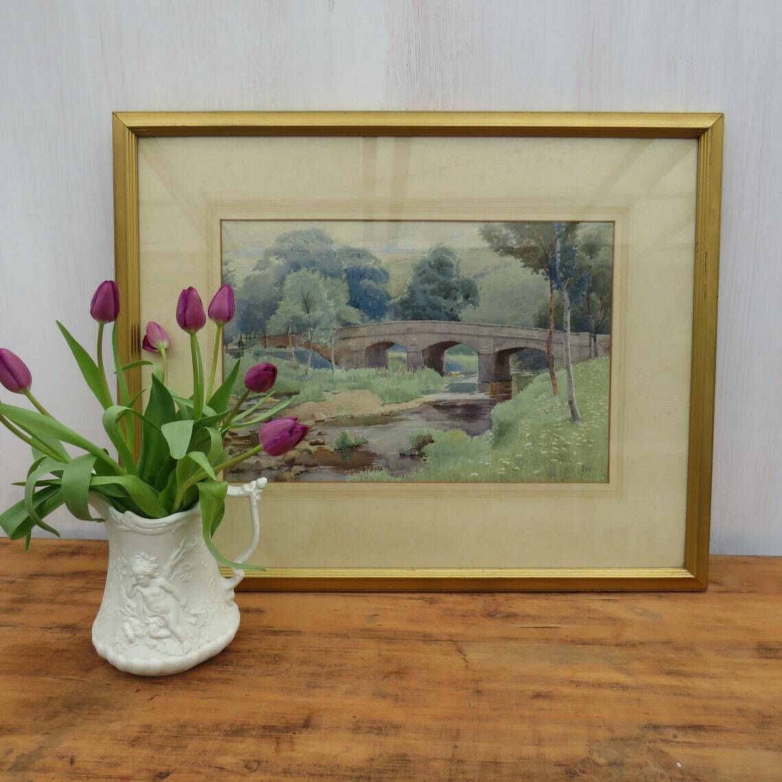 Framed Original Lanscape Bridge River Watercolour Painting Signed Cooke C 1920's photo furniture
