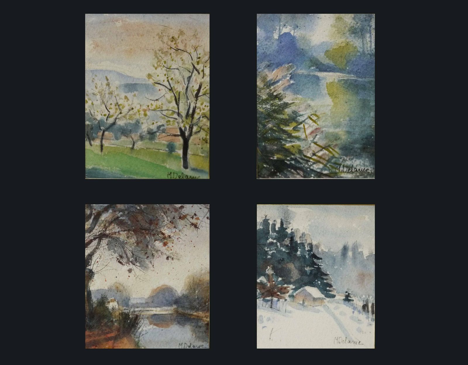 Vintage Set Of 4 French Landscape Watercolor Painting Framed And Signed Set