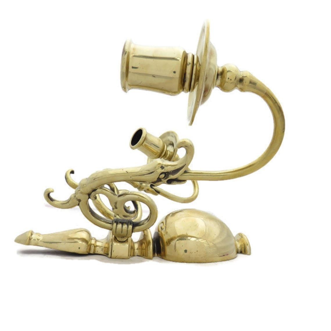 Antique Brass Wall Mounted Candle Holder With Mythical Sea Creature Design 2 Arms By Harcourts Made In England photo vinterior