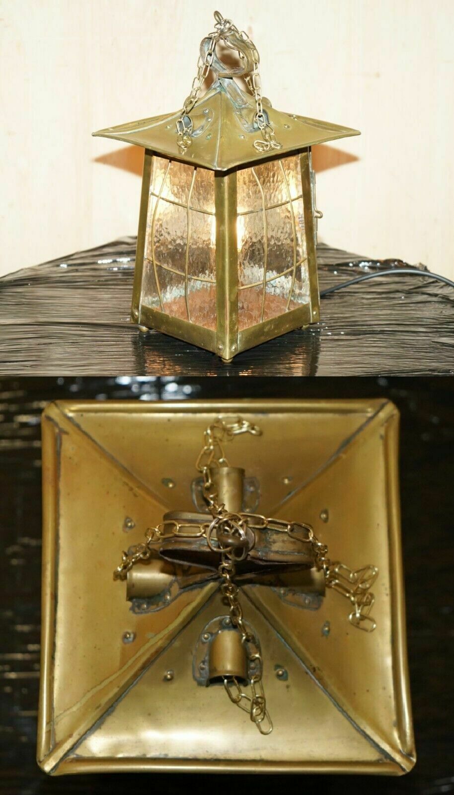 Antique Art Neouve Brass And Frosted Glass Hanging Lantern Or Table Lamp