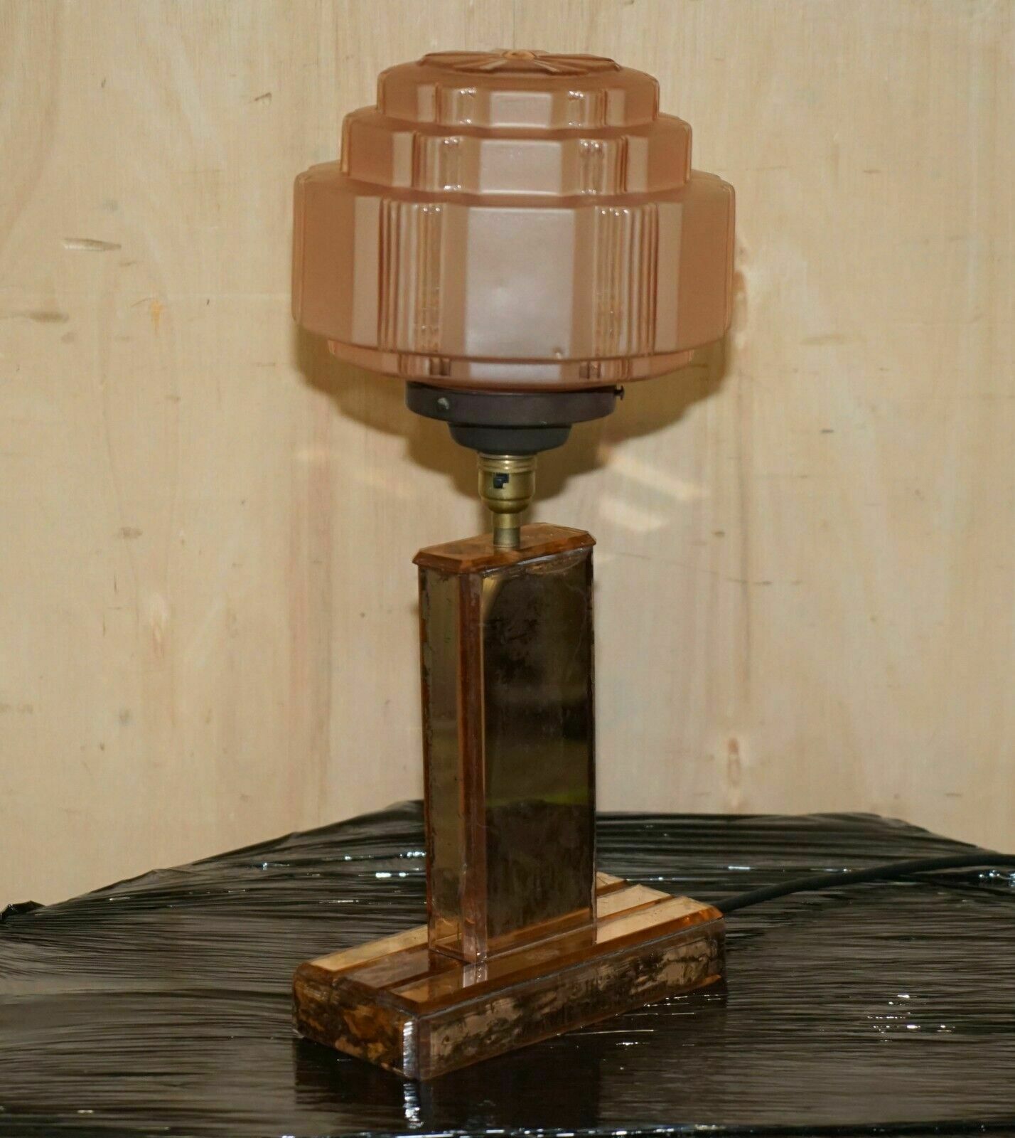 Stunning Art Deco Circa 1930's Peach Glass Table Lamp With Mirrored Panels photo furniture
