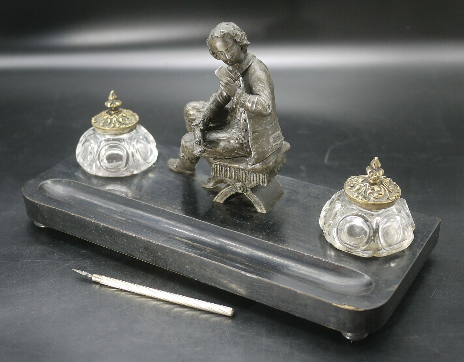 Antique French Double Figural Inkwell On Wood Base photo for sale
