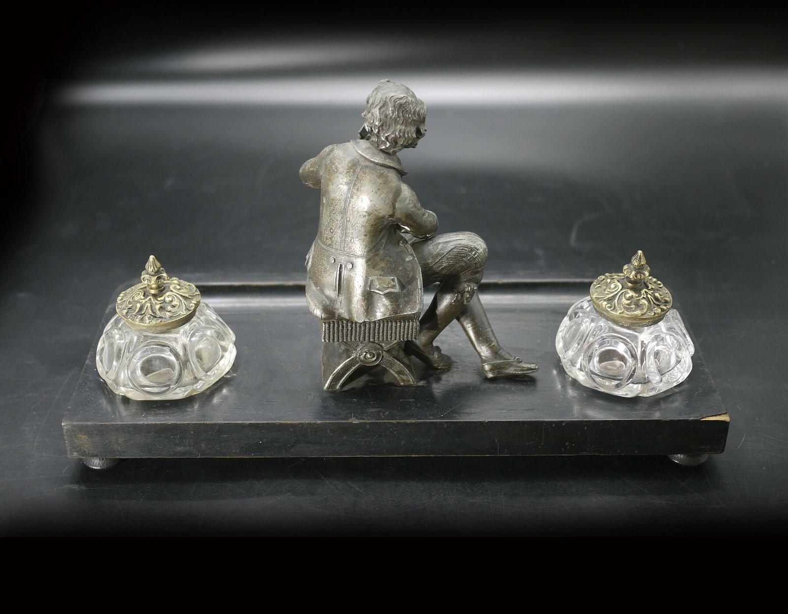 Antique French Double Figural Inkwell On Wood Base photo vintage