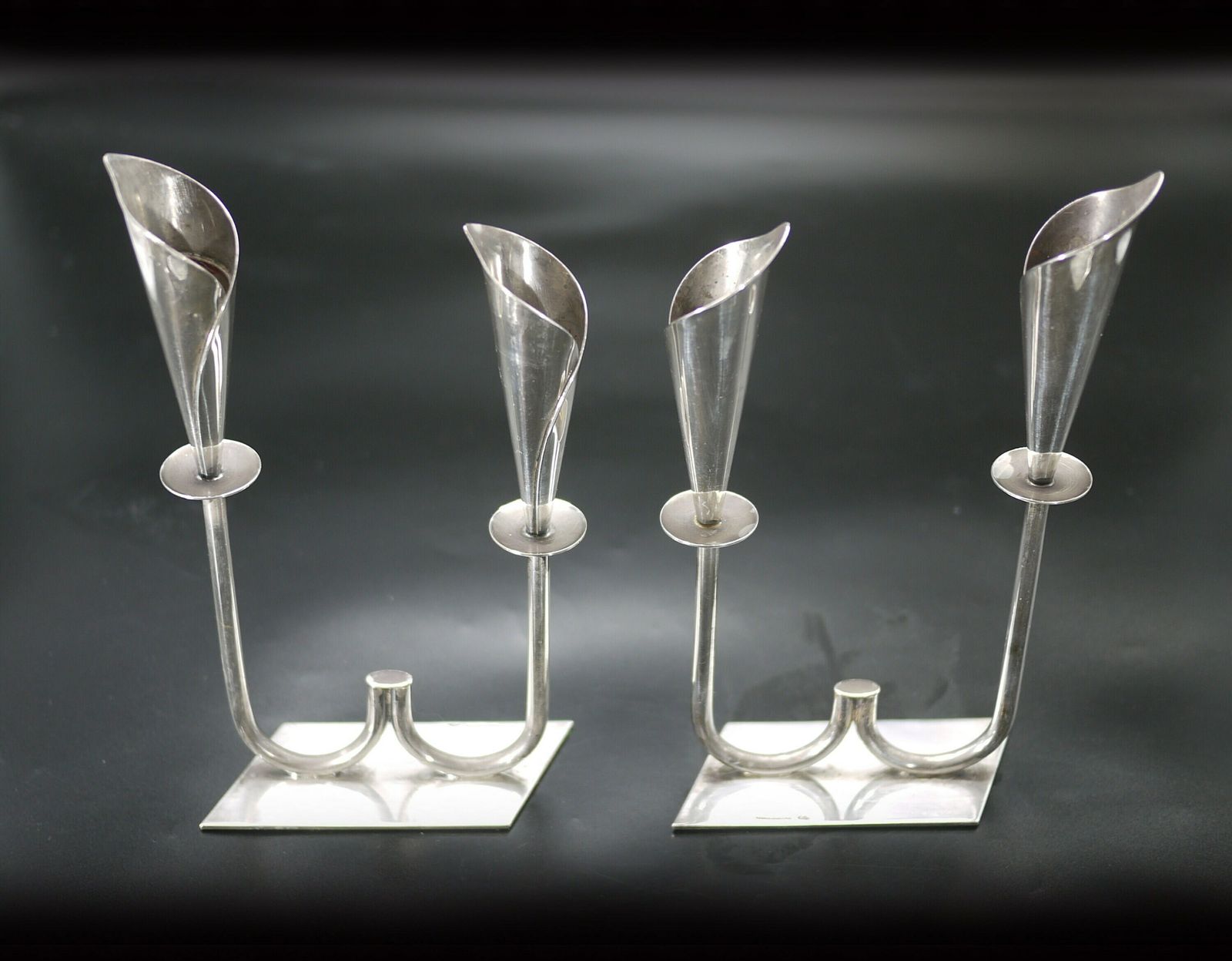 Pair Of Hans Jensen Calla Lily Silver Plated Two Light Candlesticks photo furniture