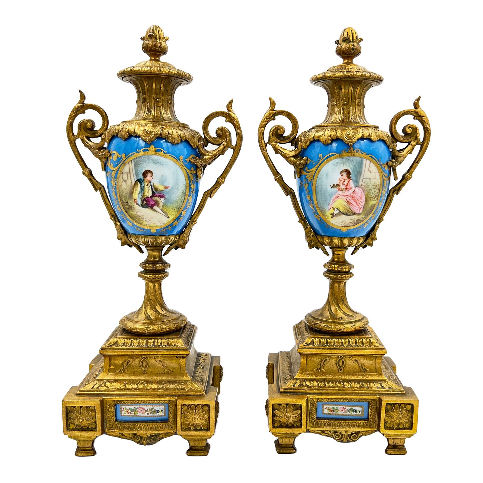 A Pair Of French Sevres Style Porcelain Urns, With Gilt Bronze Mounts, 19th Century