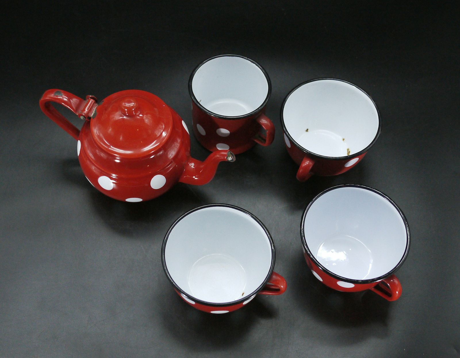 Vintage French Red Polka Dot Enamel Teapot And Cup, S/5 photo furniture