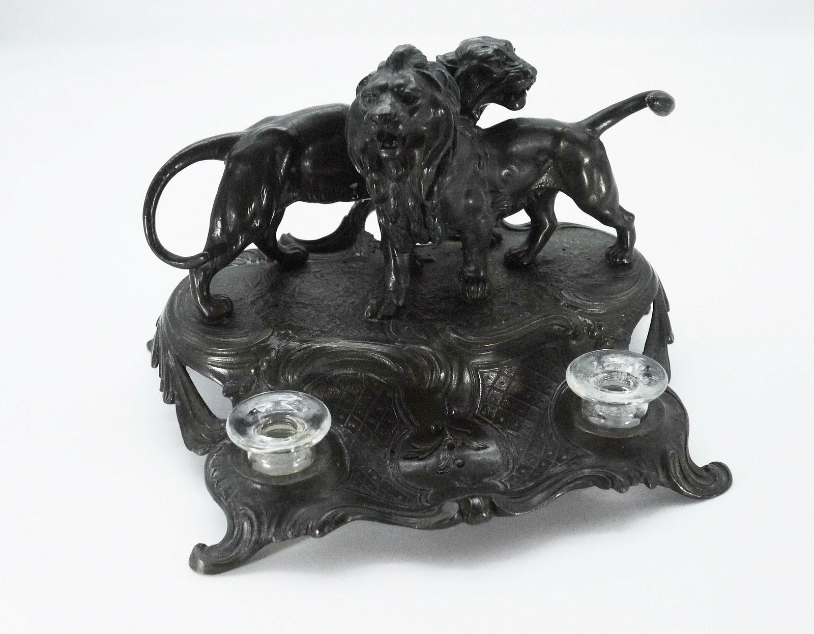 Antique French Spelter Inkstand With Lions, Double Inkwell photo furniture