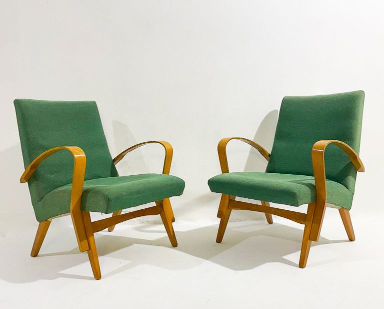 Mid Century Modern Pair Of Amarchairs, Green Upholstery, Czech, 1950s