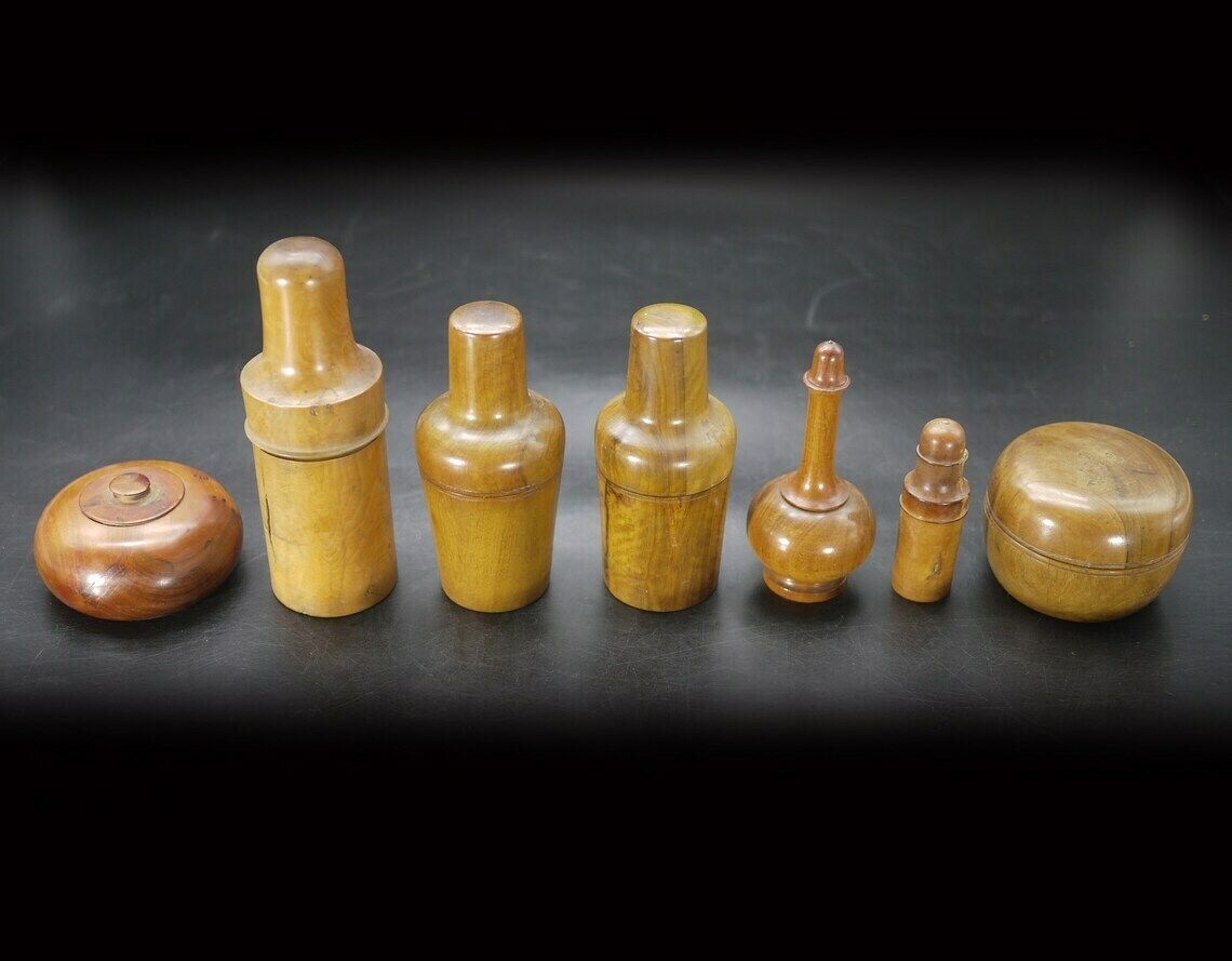 Antique French Medicine Boxwood Treen Containers Bottle Case Set photo furniture