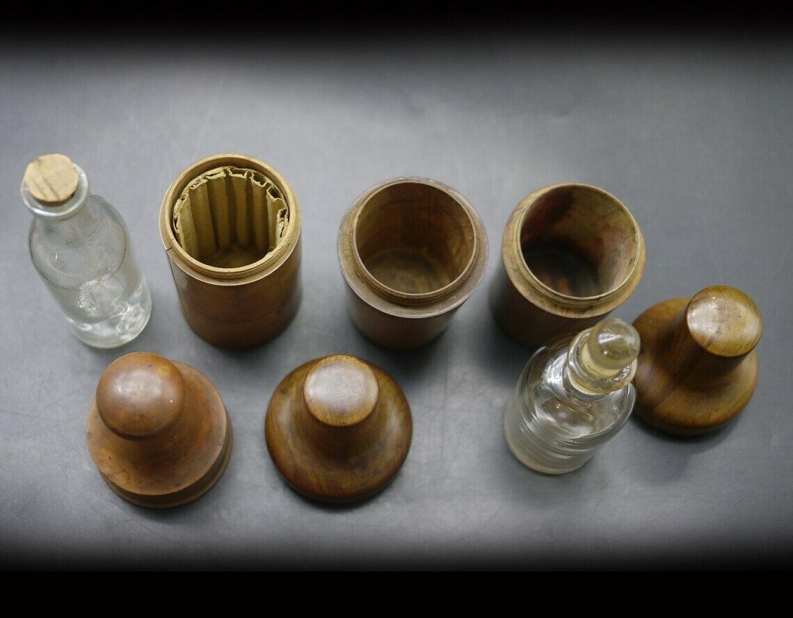Antique French Medicine Boxwood Treen Containers Bottle Case Set photo vinterior