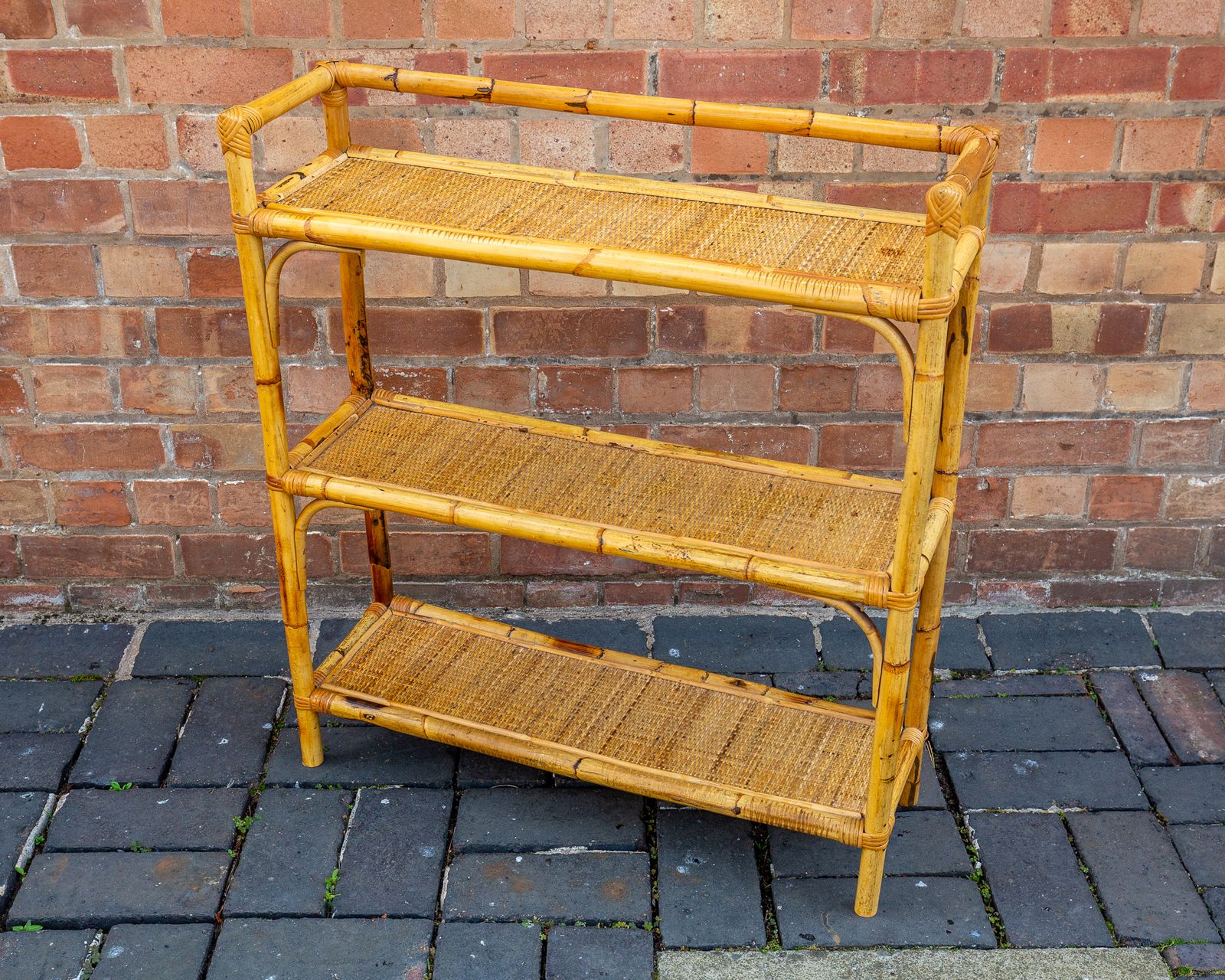 Boho Chic Bamboo Shelves 1970s Mcm Italian Dal Vera Freestanding Bookcase Mid Century Rattan Bohemian Blonde Three Tier Shelving Unit photo furniture