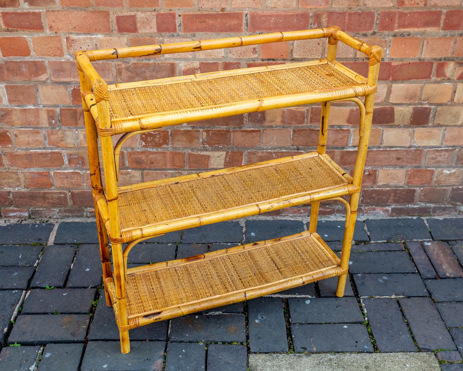 Boho Chic Bamboo Shelves 1970s Mcm Italian Dal Vera Freestanding Bookcase Mid Century Rattan Bohemian Blonde Three Tier Shelving Unit photo vintage