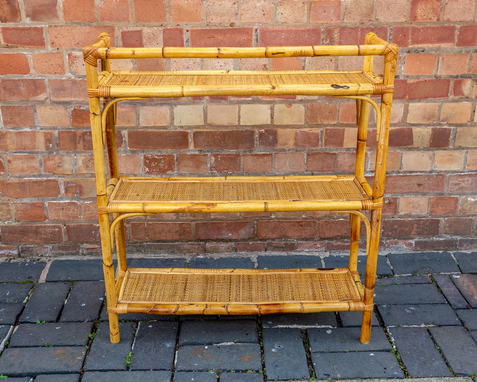 photo buy Boho Chic Bamboo Shelves 1970s Mcm Italian Dal Vera Freestanding Bookcase Mid Century Rattan Bohemian Blonde Three Tier Shelving Unit