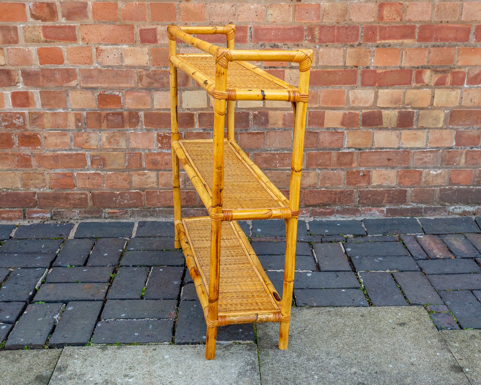 photo furniture Boho Chic Bamboo Shelves 1970s Mcm Italian Dal Vera Freestanding Bookcase Mid Century Rattan Bohemian Blonde Three Tier Shelving Unit