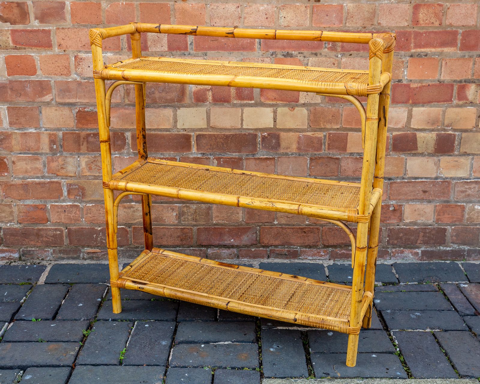 Boho Chic Bamboo Shelves 1970s Mcm Italian Dal Vera Freestanding Bookcase Mid Century Rattan Bohemian Blonde Three Tier Shelving Unit photo for sale