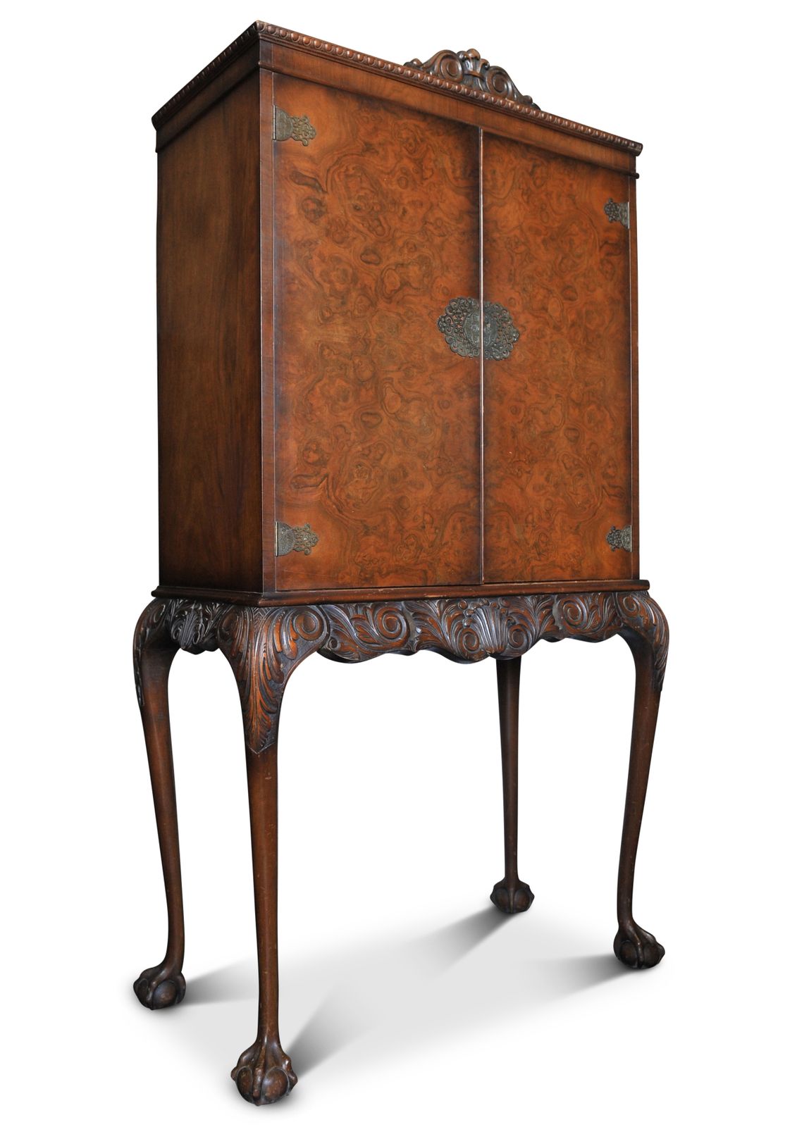 20th Century Queen Anne Revival Walnut Cocktail Cabinet With Fitted Brass Finishings & Carved Pediments Raised & Supported By Cabriole Legs Ol photo furniture