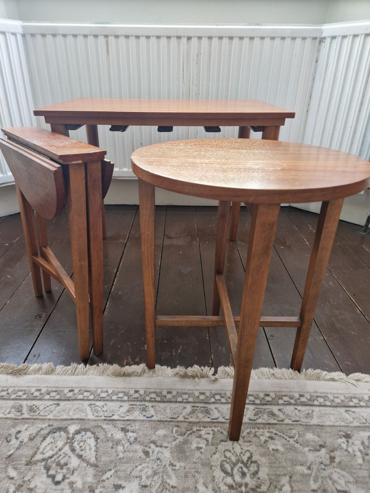 photo buy Mid Century Set Of X3 Side Tables, 1 Rectangle & 2 Round Shapes