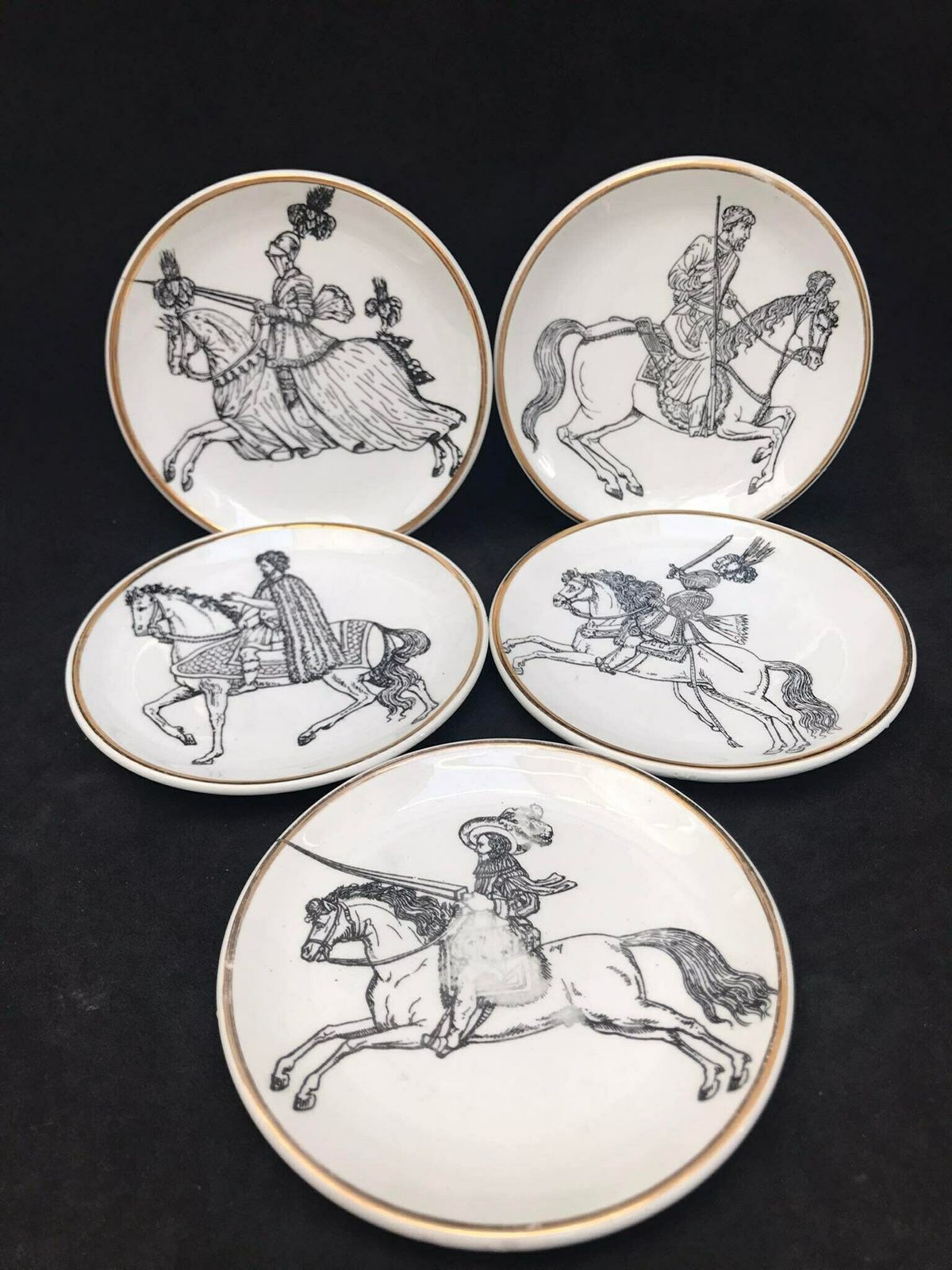 photo for sale Piero Fornasetti Original Coasters Set 5 Cavalieri Small Plates Wall Art Italian Design White Black Decor Gift For Him