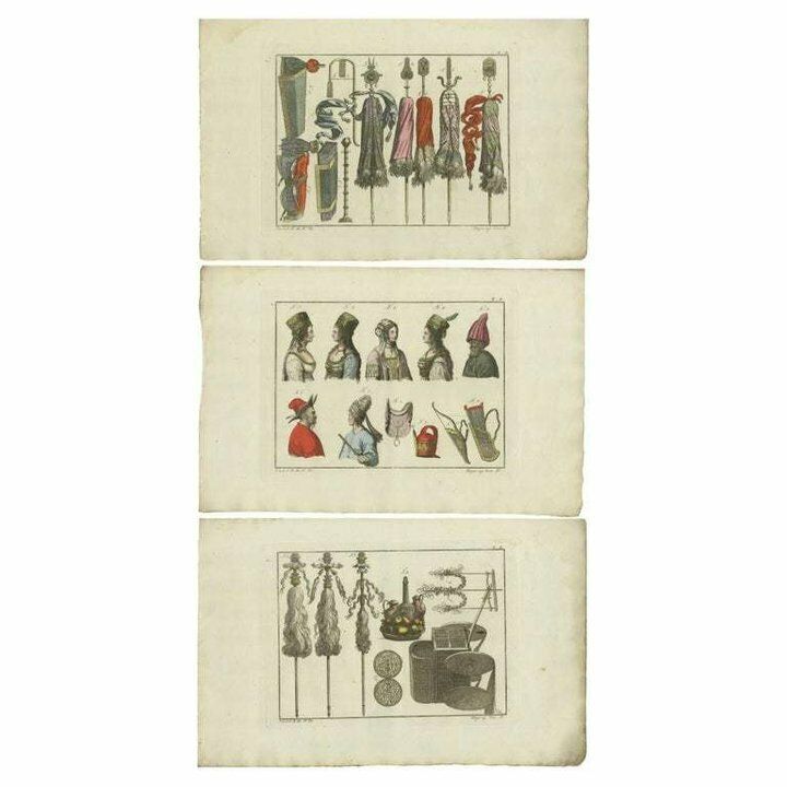 Set Of 3 Antique Prints Of Turkish Costumes And Utensils In The Middle Ages