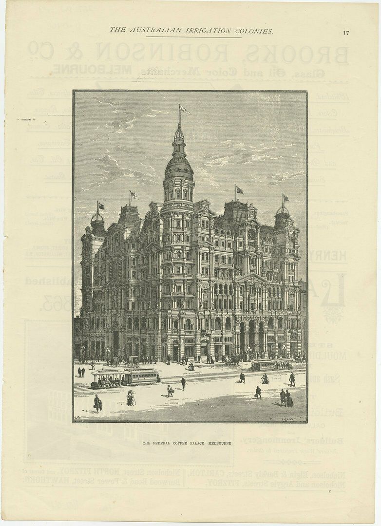 Antique Print Of The Federal Coffee Palace, Melbourne, Australia