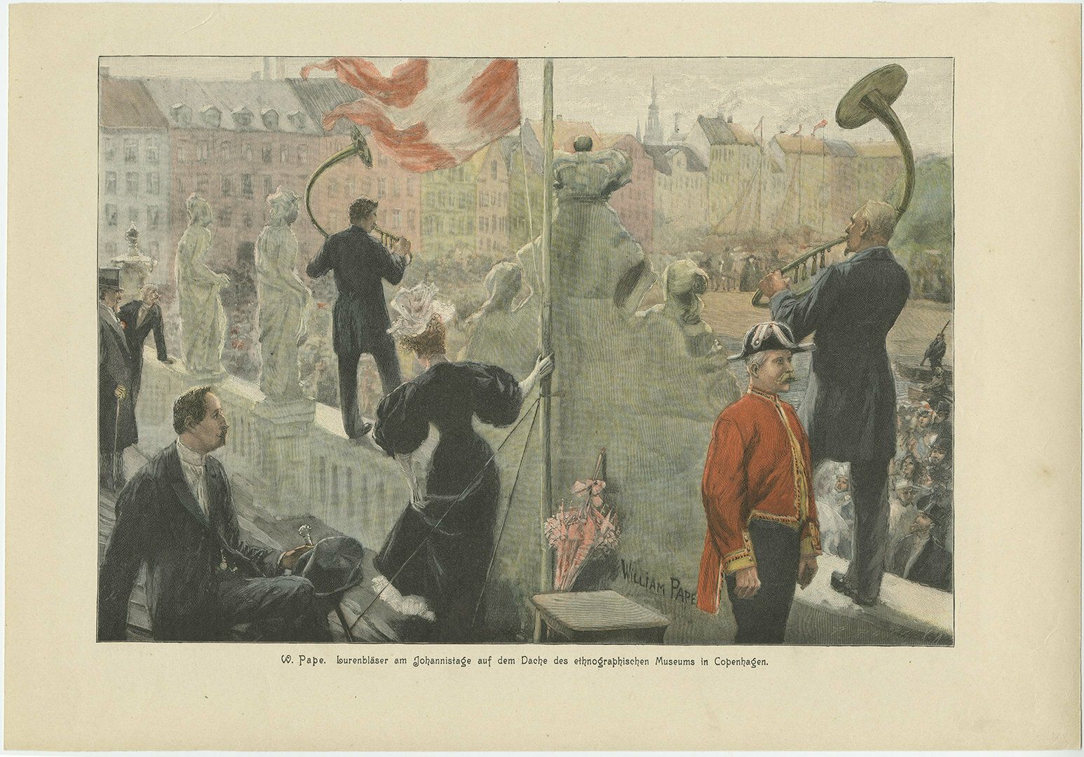 Antique Print Of Musicians In Copenhagen, Denmark