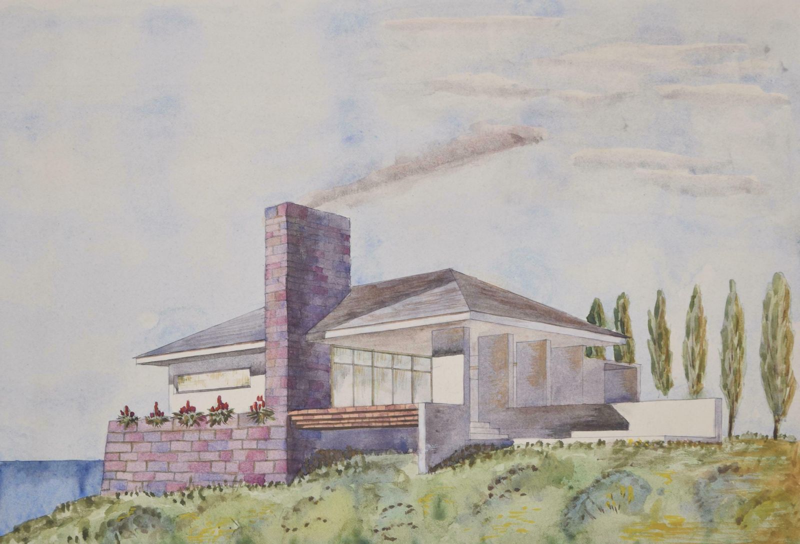 S Clapham Modernist Beach House Architectural Design Watercolour Drawing By S Clapham