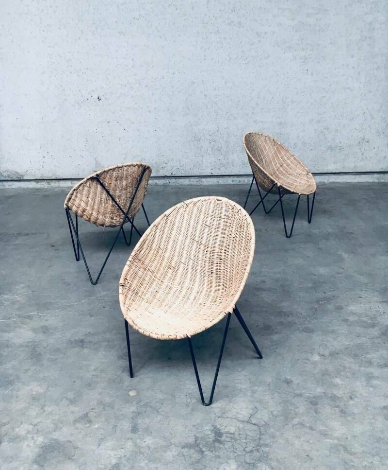 Midcentury Modern Design Egg Basket Wicker Chair Set, Italy 1950's photo for sale