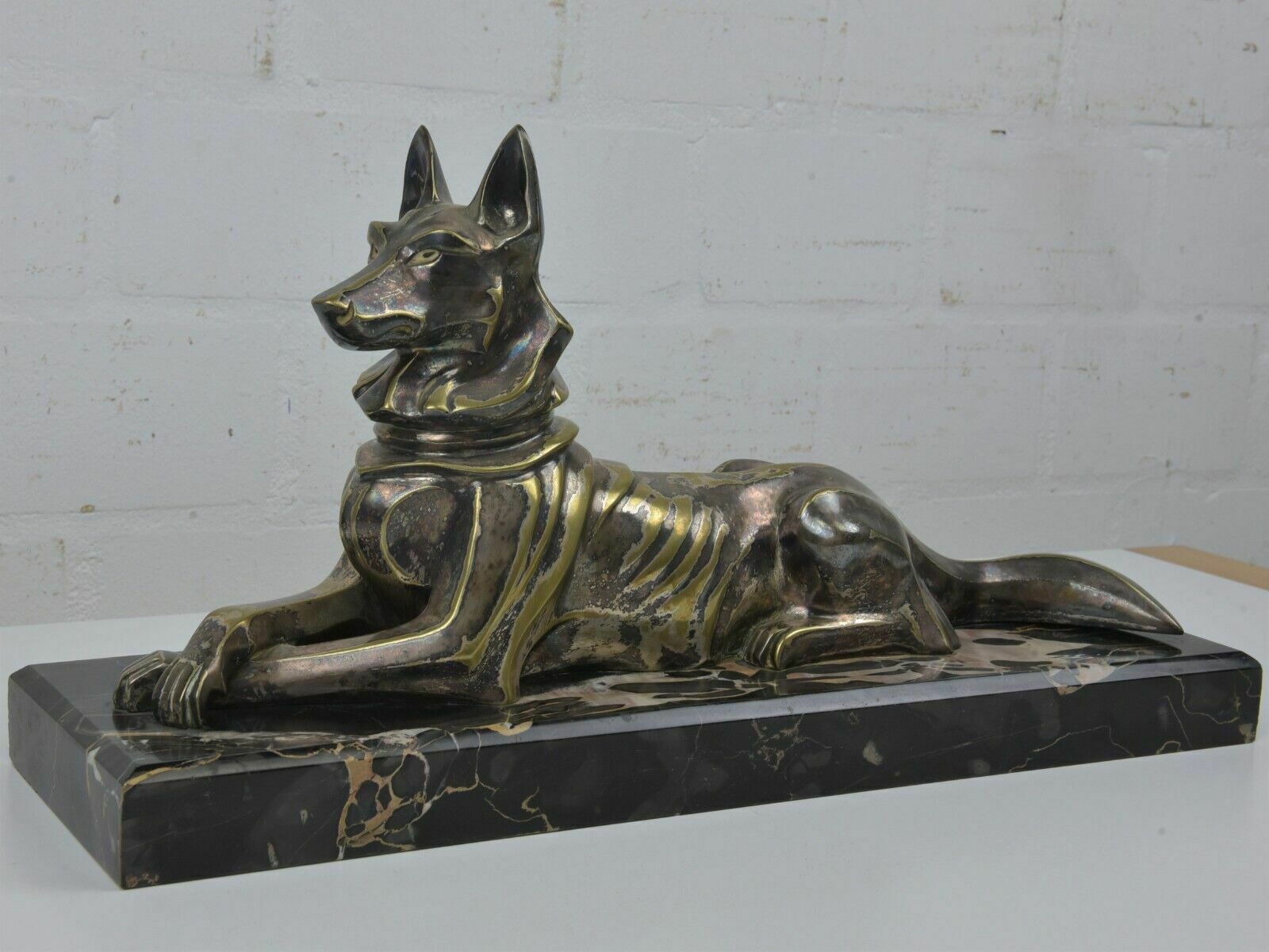 Antique! Bronze Sculpture Silver Plated German Shepherd Dog Petrilly Marble Art Deco