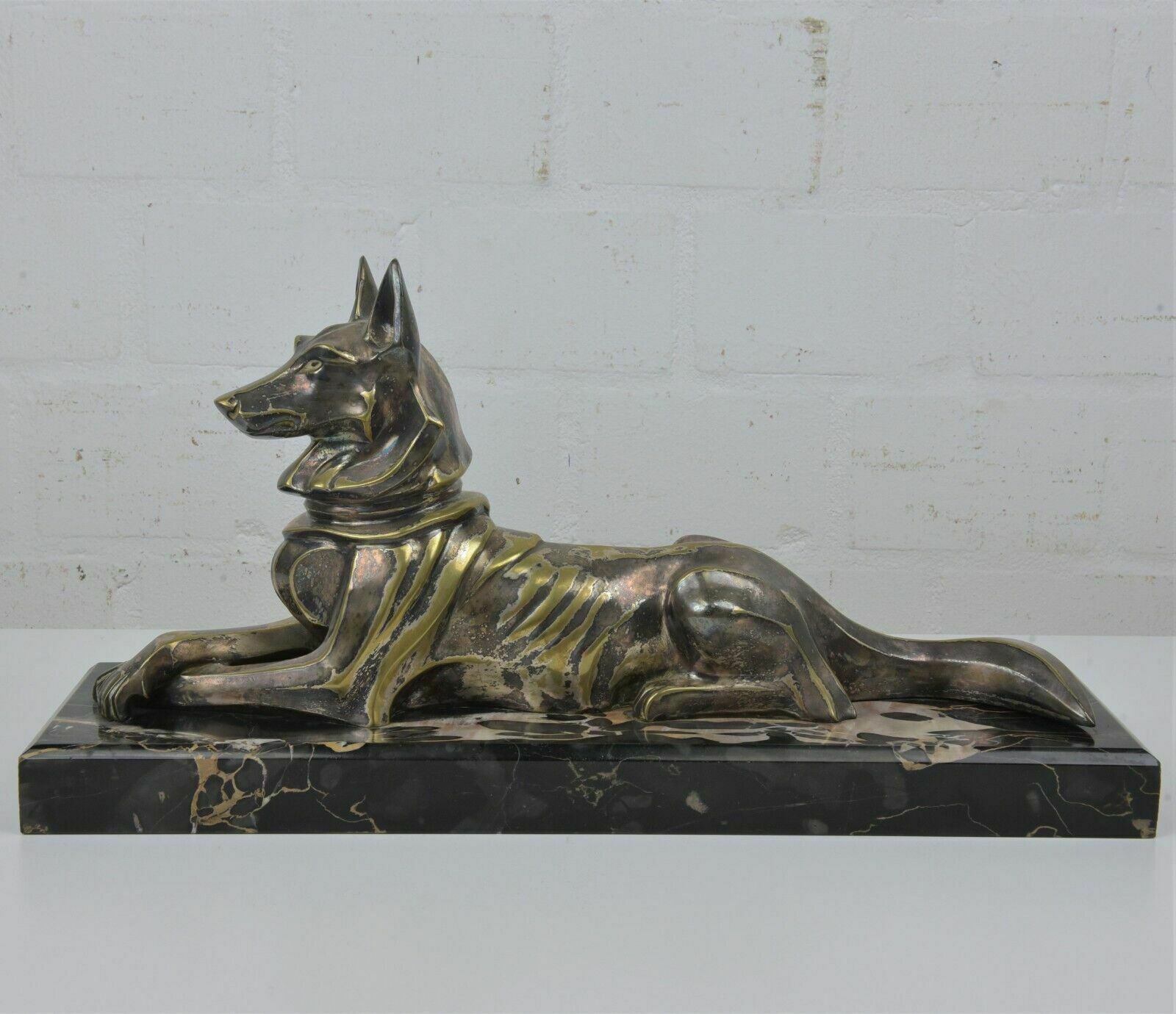 Antique! Bronze Sculpture Silver Plated German Shepherd Dog Petrilly Marble Art Deco photo furniture