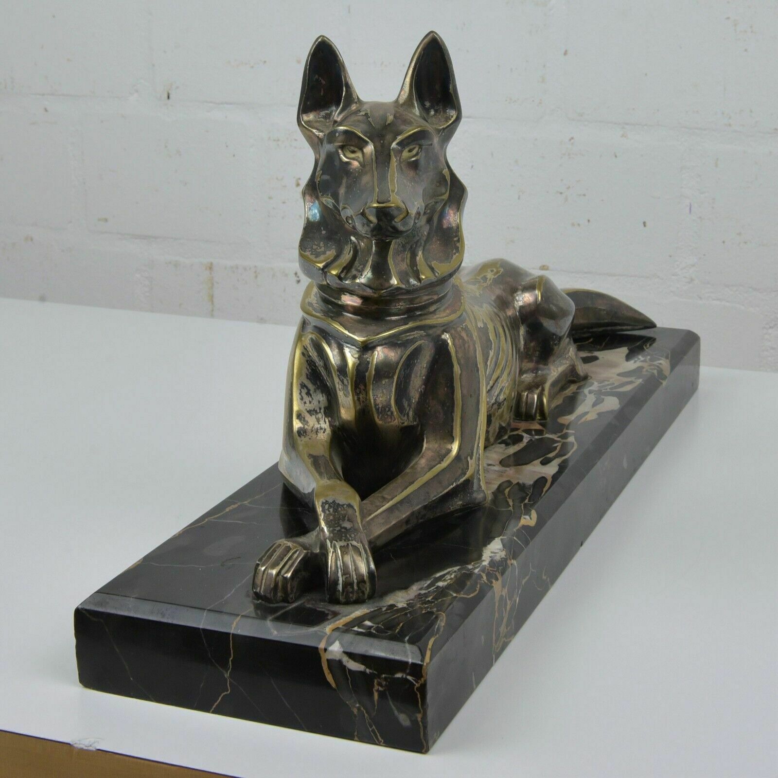 Antique! Bronze Sculpture Silver Plated German Shepherd Dog Petrilly Marble Art Deco photo Art