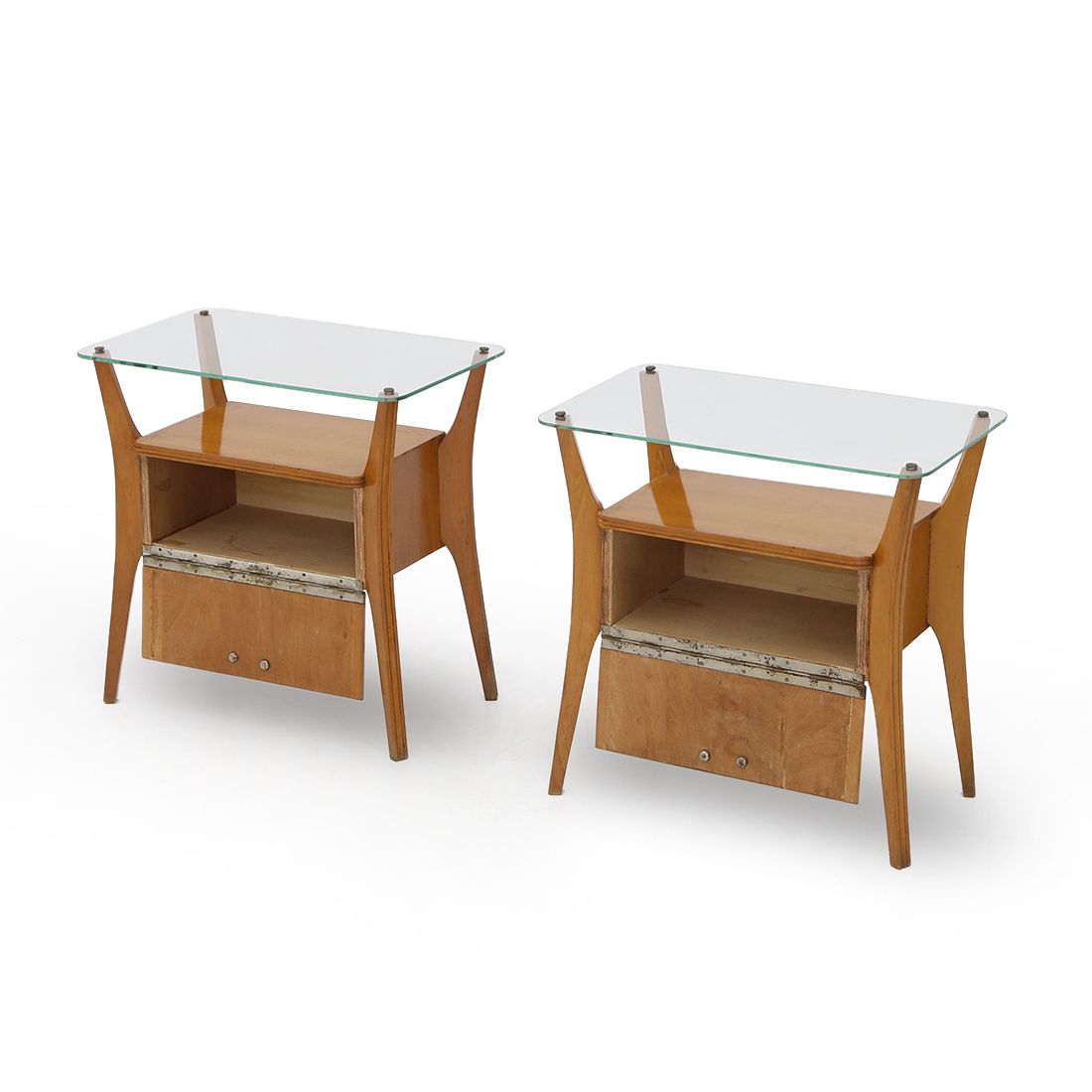 Pair Of Wooden Bedside Tables With Glass Top, 1950s photo Furniture